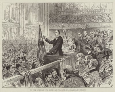De Anti-Home Rule Vergadering in Guildhall, de Heer Chamberlain spreekt door Melton Prior